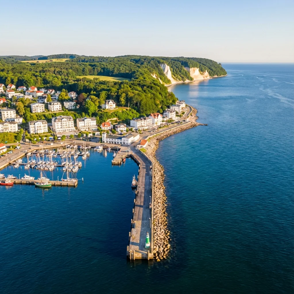 Drohnenaufnahme von Sassnitz, Rügen - Hafen und Mole aus der Luft